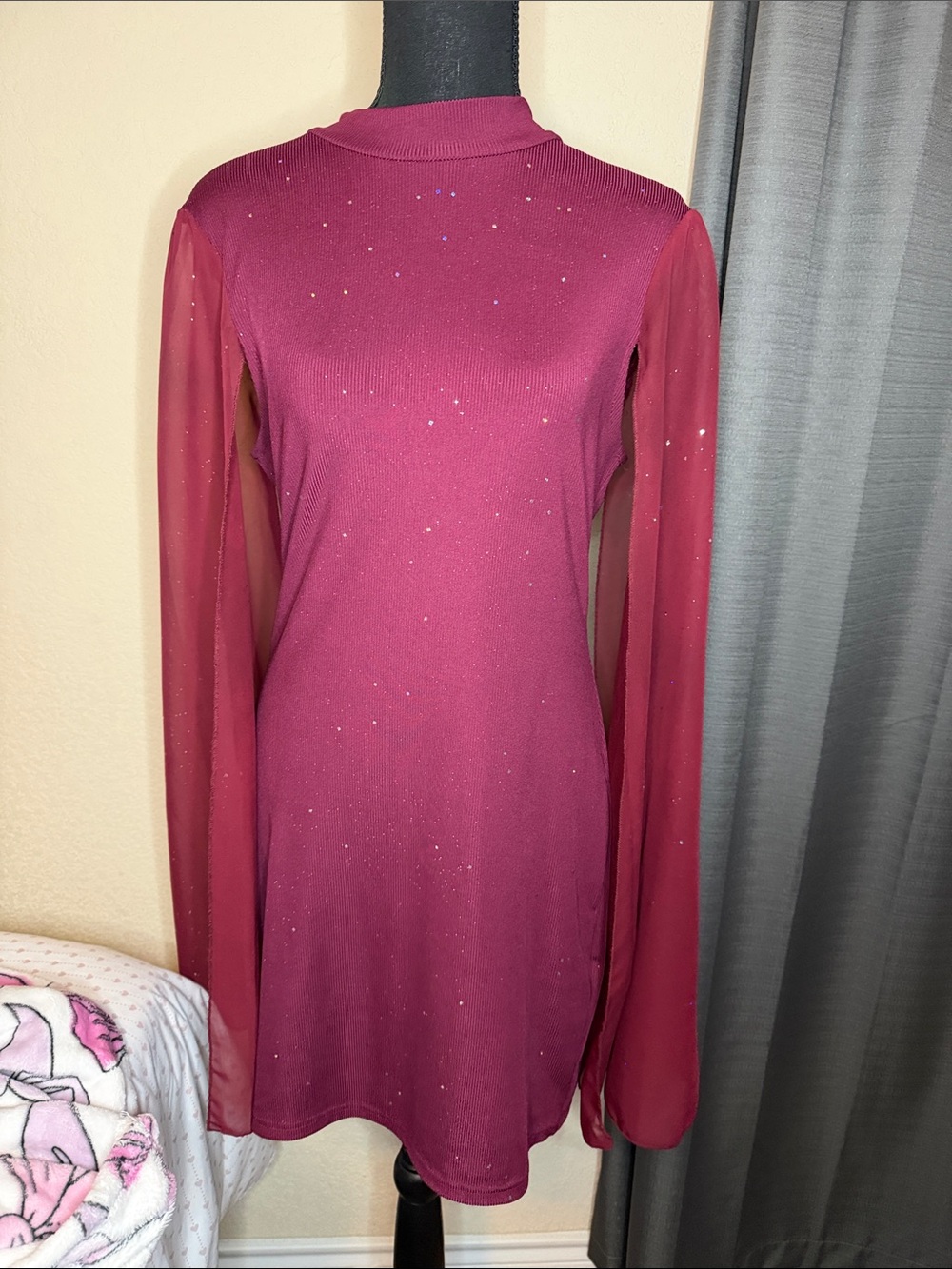 SHEIN Burgundy Long Sleeve Glitter Mesh Dress